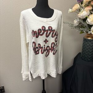 Royce 2X Merry & Bright White Plaid Script Holiday Cozy Long Sleeve Top